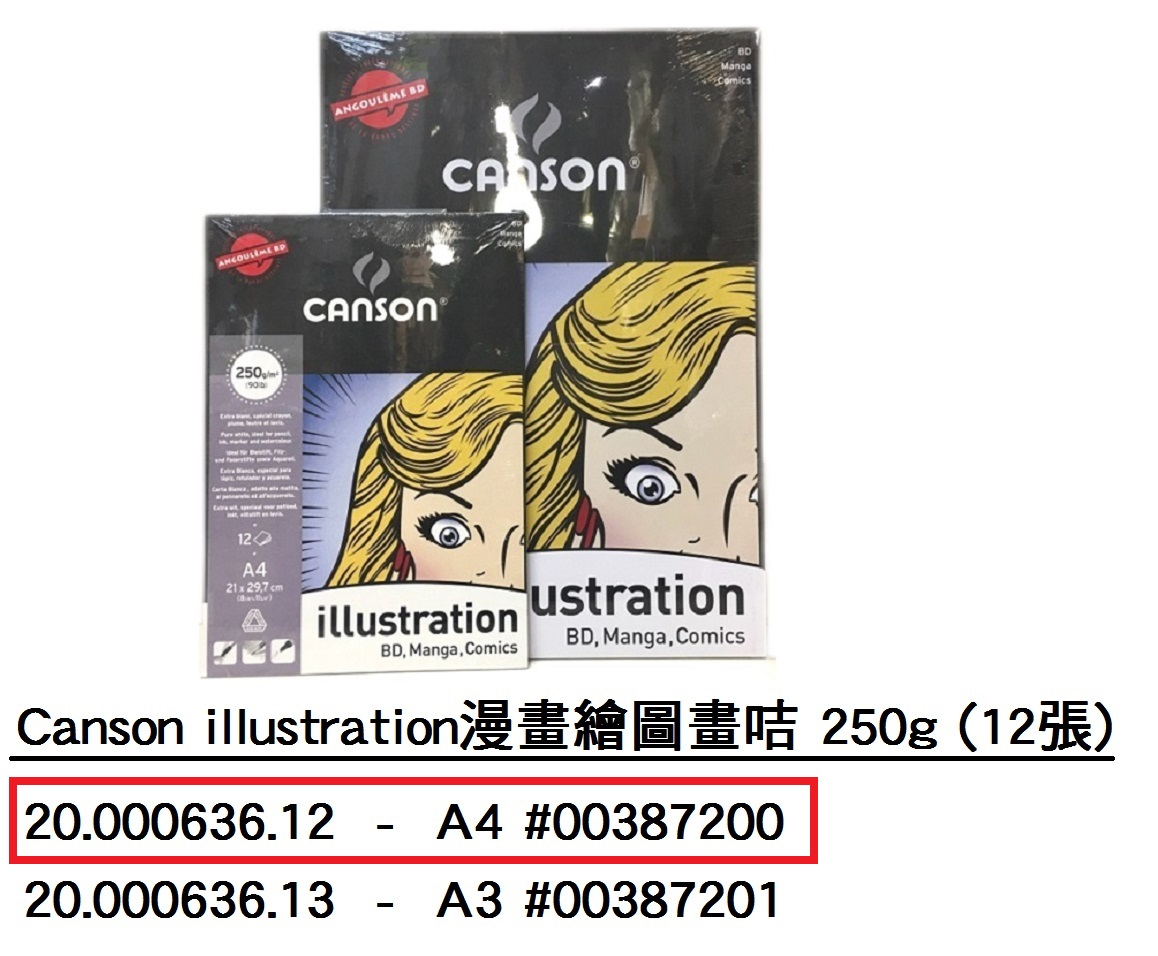 20.000636.12 _CANSON ILLUSTRATION漫畫繪圖畫咭A4 250G(12張)#00387200