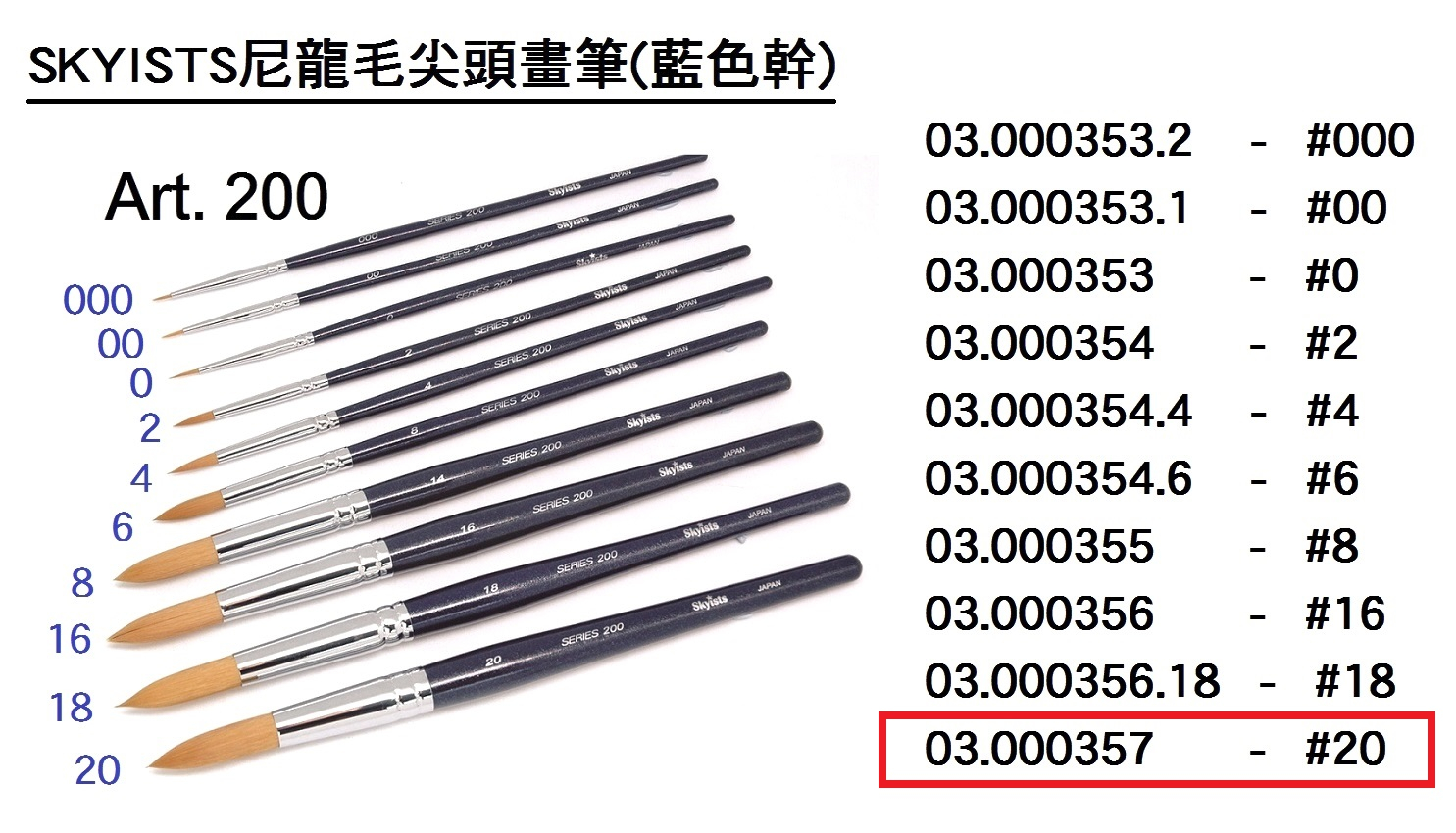 03.000357 _SKYISTS尼龍毛尖頭畫筆(藍色幹)S200-20