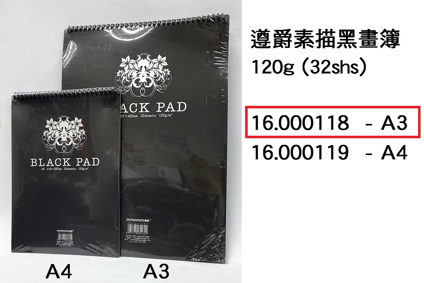 16.000118 _遵爵素描黑畫簿120g  A3 (32shs)